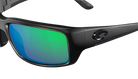 Black Costa wraparound Sunglasses with green mirror lenses on a white background