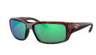 Costa Sunglasses with wraparound tortoiseshell frame and green lenses on a white background