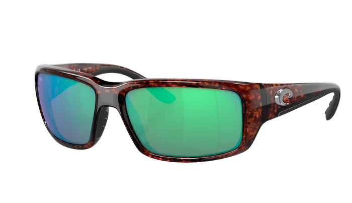 Costa Sunglasses with wraparound tortoiseshell frame and green lenses on a white background