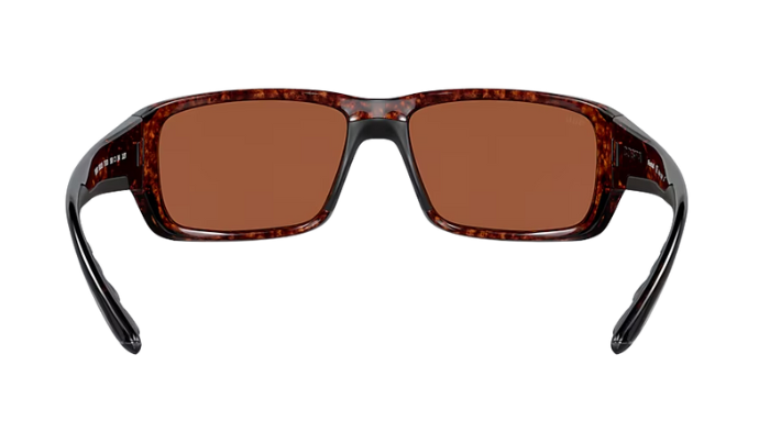 Costa Sunglasses with wraparound tortoiseshell frame and green lenses on a white background