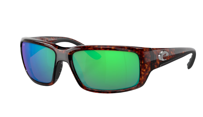 Costa Sunglasses with wraparound tortoiseshell frame and green lenses on a white background