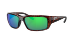 Costa Sunglasses with wraparound tortoiseshell frame and green lenses on a white background
