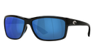 Black Costa sunglasses with blue lenses on a white background