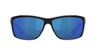 Black Costa sunglasses with blue lenses on a white background