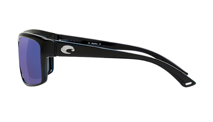 Black Costa sunglasses with blue lenses on a white background