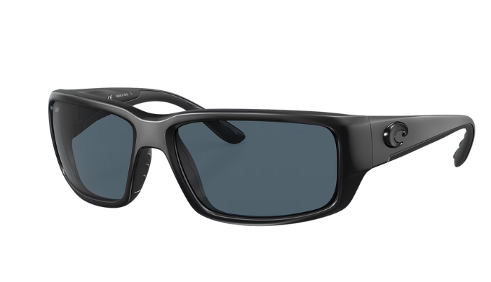 Black Costa wraparound sunglasses with a Costa brand logo on a white background