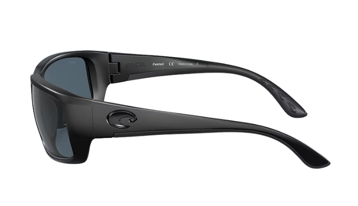 Black Costa wraparound sunglasses with a Costa brand logo on a white background