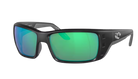 Black Costa wraparound sunglasses with green lenses on a white background