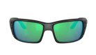 Black Costa wraparound sunglasses with green lenses on a white background