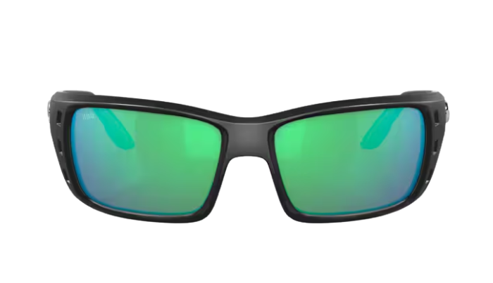 Black Costa wraparound sunglasses with green lenses on a white background