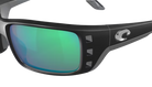 Black Costa wraparound sunglasses with green lenses on a white background
