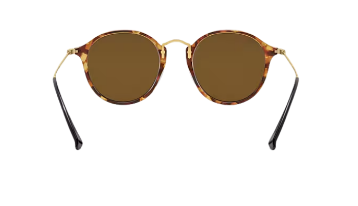 Round Ray-Ban sunglasses with tortoiseshell frame and brown lenses on a white background