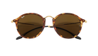 Round Ray-Ban sunglasses with tortoiseshell frame and brown lenses on a white background