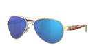 Aviator Costa sunglasses with blue lenses and gold frame on a white background