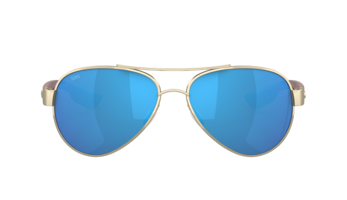 Gold-framed aviator Costa sunglasses with blue lenses on a white background