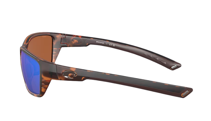 Costa Sunglasses with tortoiseshell frame and green mirror lenses on a white background