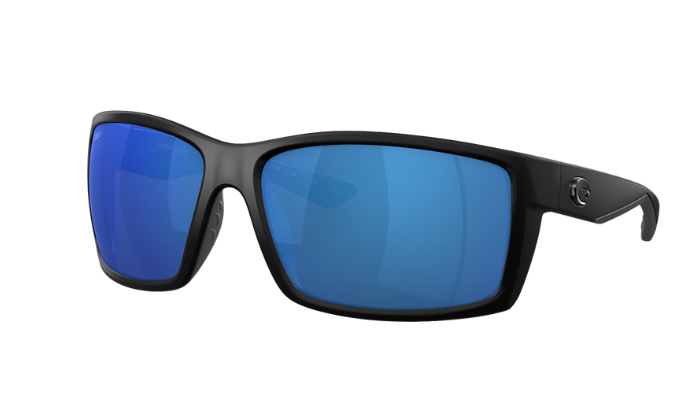 Black Costa sunglasses with blue lenses on a white background