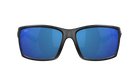 Black Costa sunglasses with blue lenses on a white background