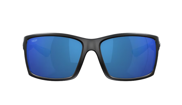 Black Costa sunglasses with blue lenses on a white background