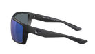 Black Costa sunglasses with blue lenses on a white background