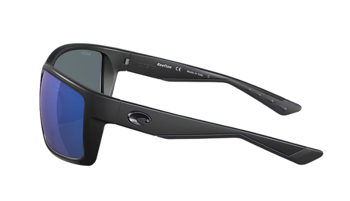 Black Costa sunglasses with blue lenses on a white background