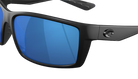 Black Costa sunglasses with blue lenses on a white background