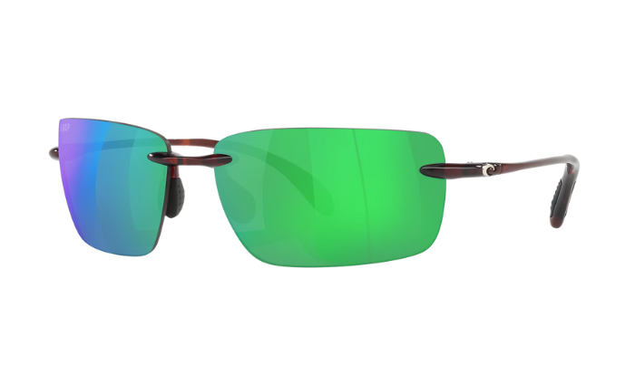 Rimless Costa Sunglasses with green mirror lenses and tortoise shell frames on a white background