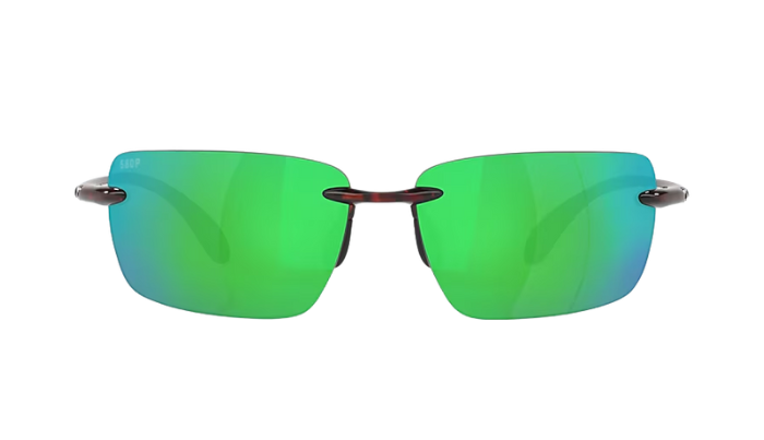 Rimless Costa Sunglasses with green mirror lenses and tortoise shell frames on a white background