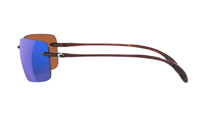 Rimless Costa Sunglasses with green mirror lenses and tortoise shell frames on a white background