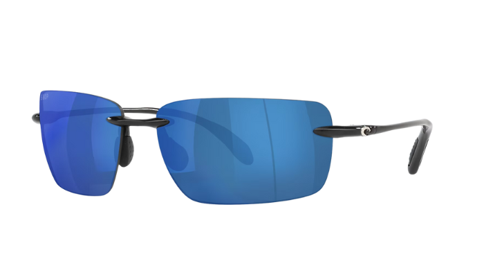 Rimless Costa Sunglasses with blue lenses and black frames on a white background