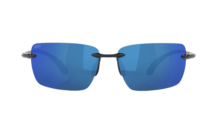 Rimless Costa Sunglasses with blue lenses and black frames on a white background