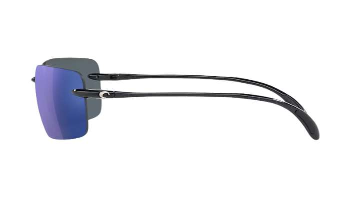 Rimless Costa Sunglasses with blue lenses and black frames on a white background