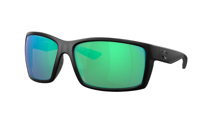 Black Costa sunglasses with green lenses on a white background