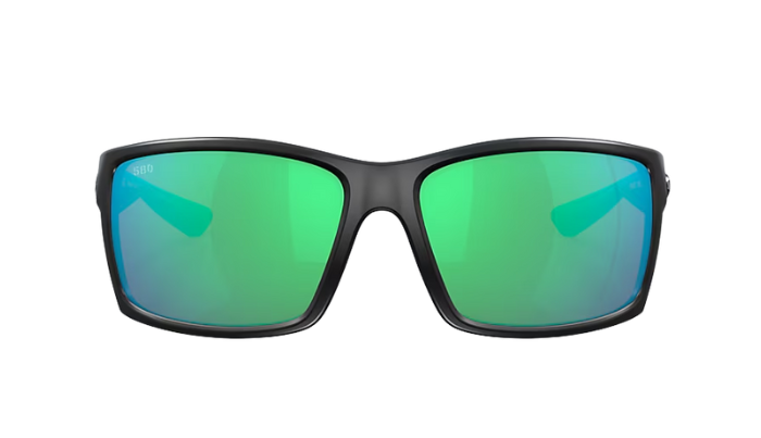 Black Costa sunglasses with green lenses on a white background