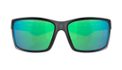 Black Costa sunglasses with green lenses on a white background