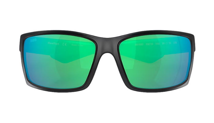 Black Costa sunglasses with green lenses on a white background