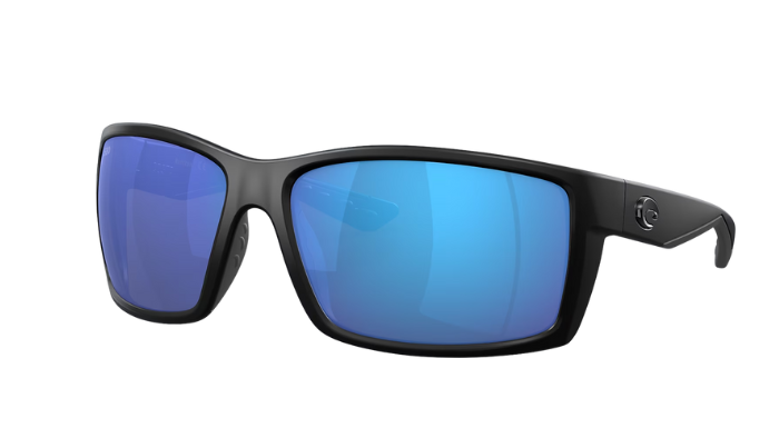 Black Costa sunglasses with blue lenses on a white background