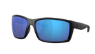 Black Costa sunglasses with blue lenses on a white background