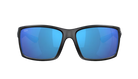 Black Costa sunglasses with blue lenses on a white background