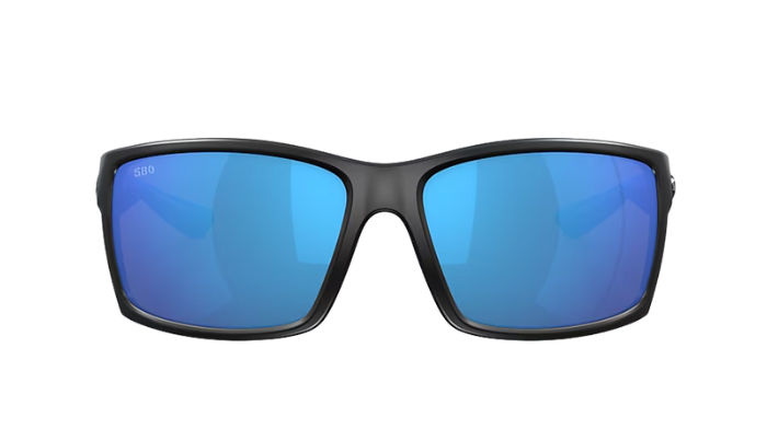 Black Costa sunglasses with blue lenses on a white background