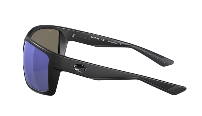 Black Costa sunglasses with blue lenses on a white background