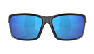 Black Costa sunglasses with blue lenses on a white background