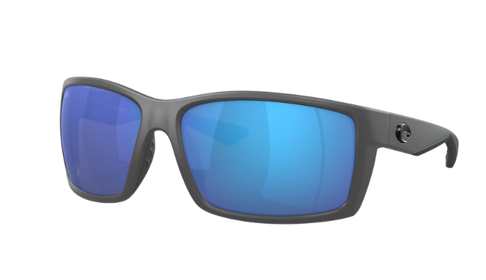 Matte Gray Costa sunglasses with blue lenses on a white background
