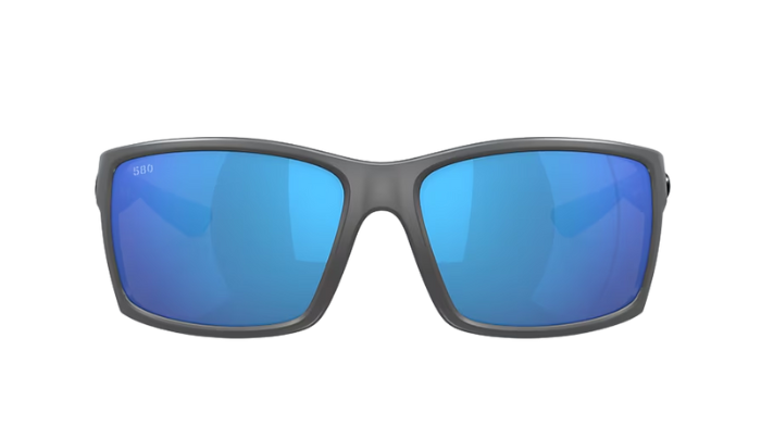 Matte Gray Costa sunglasses with blue lenses on a white background