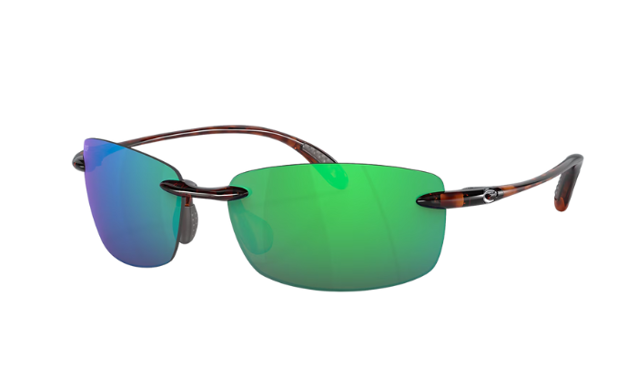 Sunglasses with green lenses and tortoiseshell frame on a white background