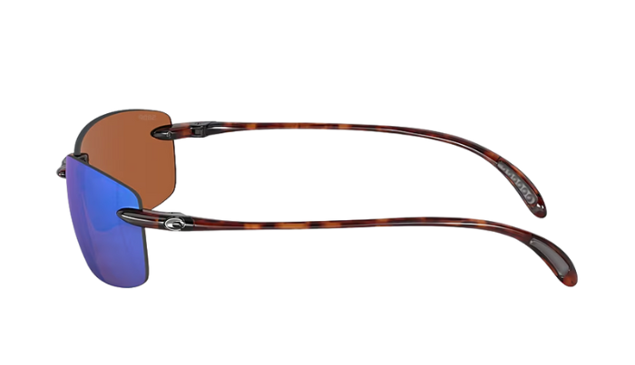 Sunglasses with tortoiseshell frame and blue lens on a white background