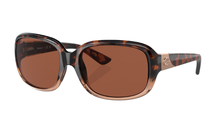 Sunglasses with tortoiseshell frame and brown lenses on a white background