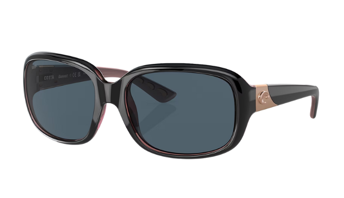 Sunglasses with black frame and gray lenses on a white background
