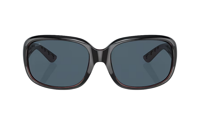 Sunglasses with black frame and gray lenses on a white background
