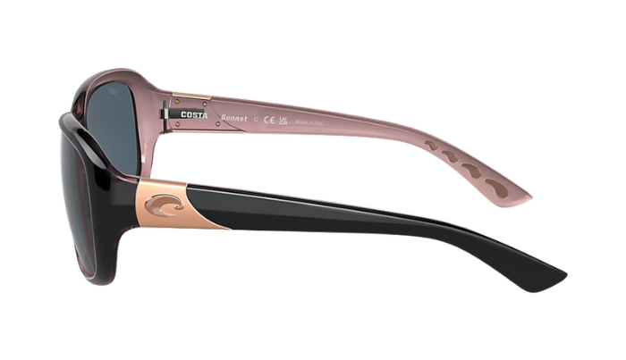 Sunglasses with black frame and gray lenses on a white background